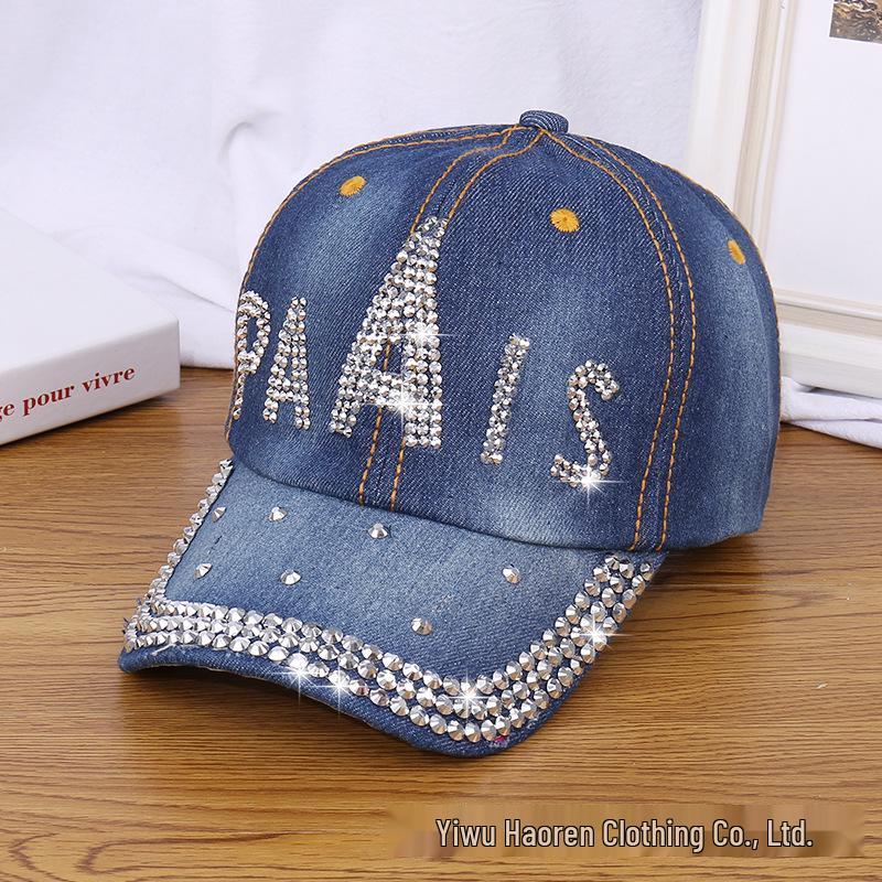 Damen Strass Denim Baseballkappe - Paris Schriftzug Sonnenhut