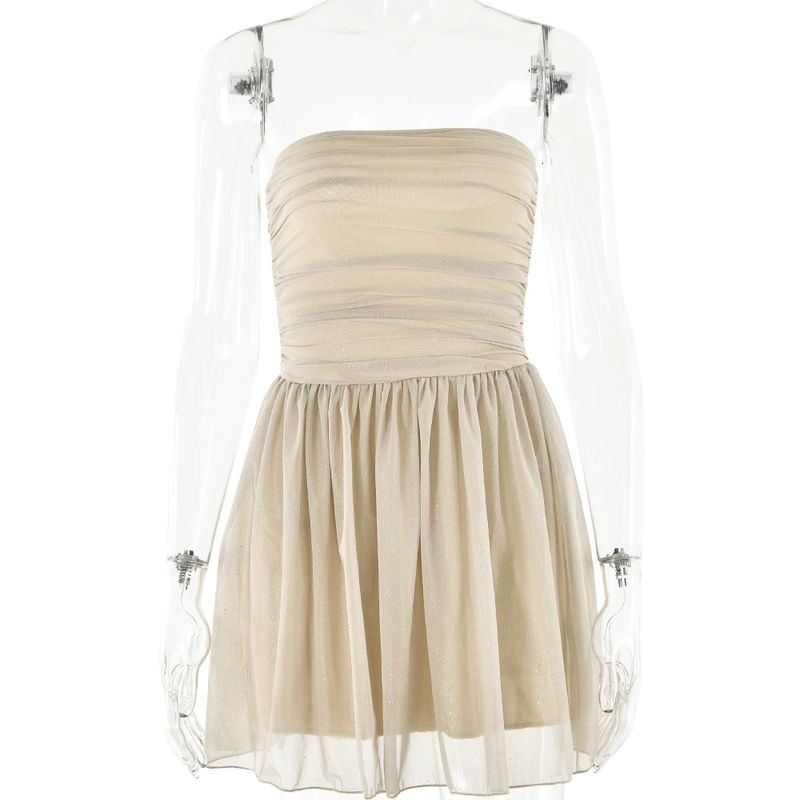 

Elsa Fashion Hot-Selling New Arrival Sexy Dress Mesh Shiny Patchwork off-Neck Tube Top Backless Skirt Dress Khaki (high quality glitter fabric) S