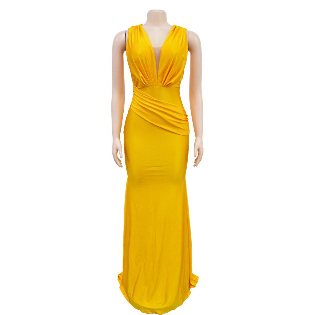 Mote Damekjole Ensfarget V-hals Ermeløs Plissert Lange Kjoler