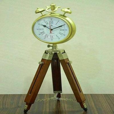 Metal and Wood Clock On Adjustable Wooden Tripod Floor Tripod Clock