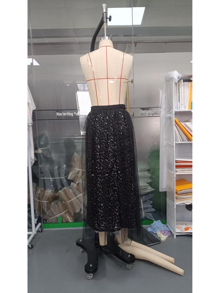 2025 European Style Women's Solid Sequin Mesh Skirt - Casual Fashion