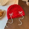 Bohemian Style Crochet Knitted Hat Hollow Out Weave Cap Cute Bow Pearl Beanies  Girls