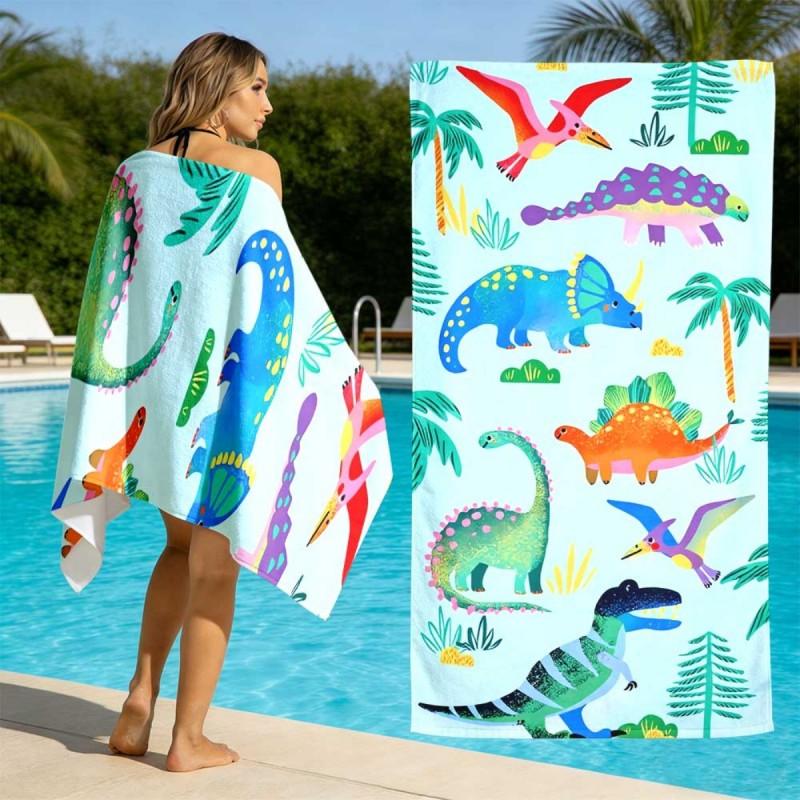 Cute Jurassic Cartoon Style Light Base Colorful Dinosaur Palm Tree Repeat Print Quick Dry Kids Beach Towel 50x100cm