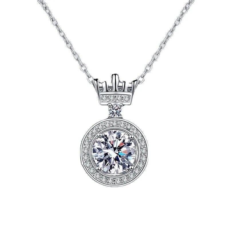 14K White Round Moissanite Necklace Pure Silver Crown Pendent Necklace For Women Wedding Engagement Jewelry Gift