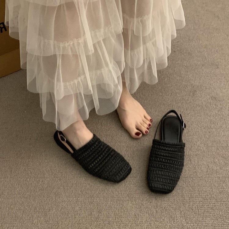 Thick Heel Shallow Mouth Straw Woven Bag Head Empty Sandals Women's Shoes 2025 Summer New Flat Bottom One Word with Cool Single Shoes