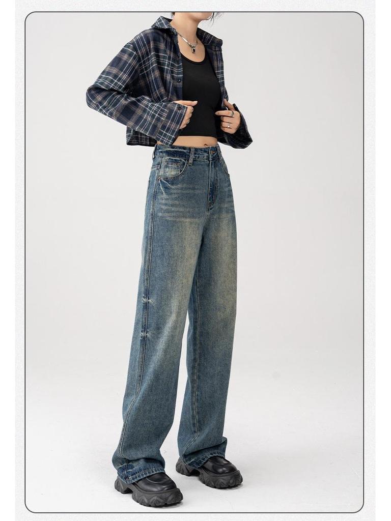 Women's High-Waist Retro Blue Wide-Leg Jeans - 2025 Summer Slim Straight Fit