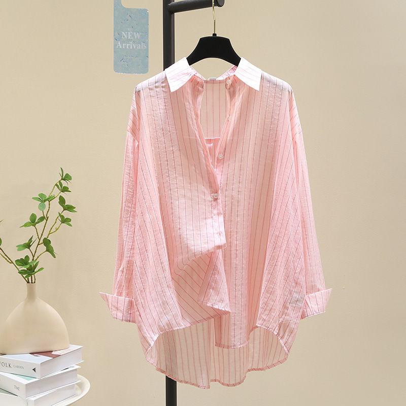 New Summer Women Fashion Striped Print Sunscreen Shirt Lapel Long Sleeve Tunic Blouse Casual Streetwear Oversized Irregular Tops