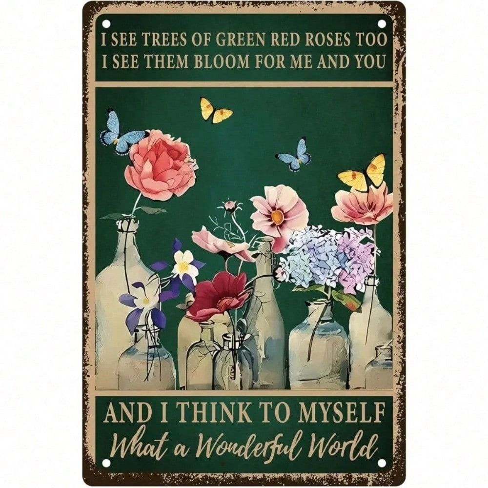 Vintage Metal Wall Poster Butterfly Flower Garden Decor