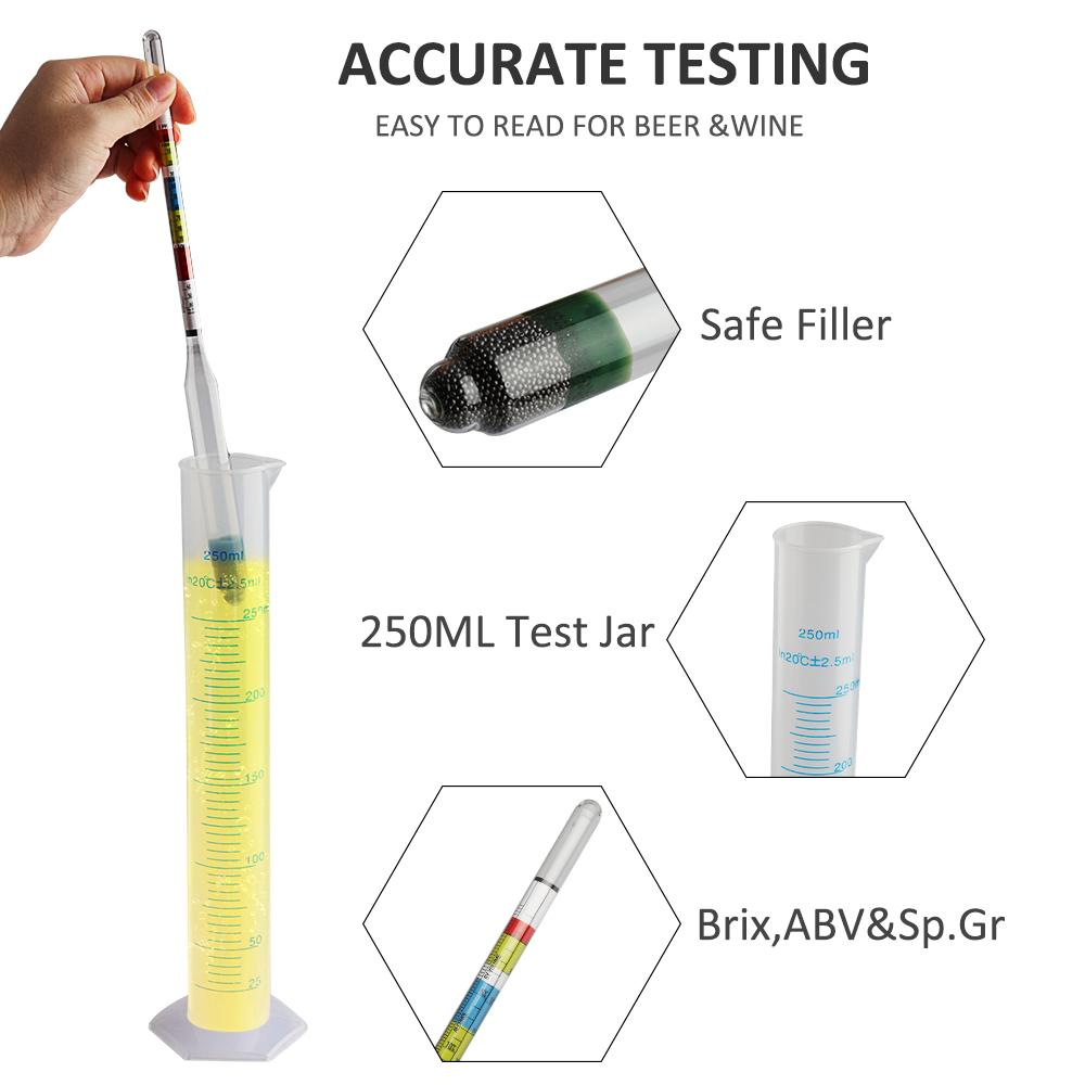 3-Skalen-Hydrometer Herstellung Dreifach-Skalen-Hydrometer & 250ML Messzylinder Testen für Bier und Wein, Heimbrauen