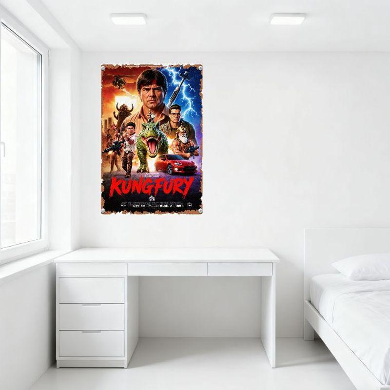 Kung Fury Retro Actionfilm Metallplåtsskylt, Vintage Filmplanschplatta för Hembar Man Cave Dekor, Rolig Actionfilm Väggkonst