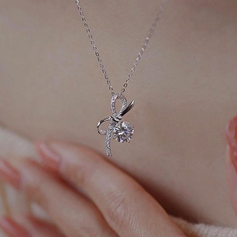 Huitan Fresh Style Women Pendant Necklace Bowknot Shaped Aesthetic Inlaid Shiny CZ Accessories Jewelry for Wedding Anniversary