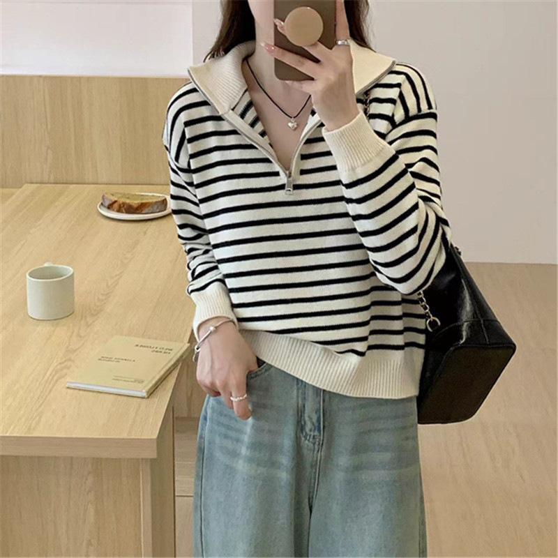 Flip Collar Half Zipper Striped Pullover Sweater for Women Autumn and Winter New Loose Knit Sweater