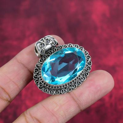 Blue Topaz Pendant, 925 Solid Sterling Silver Gemstone Jewelry, Handmade Pendant, For Thanksgiving