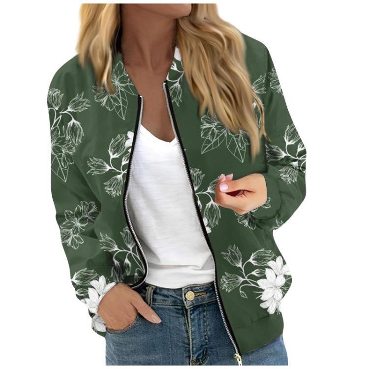 Women Floral Leaf Print Casual Long Sleeve Zipper Jacket Round Neck Fashionable