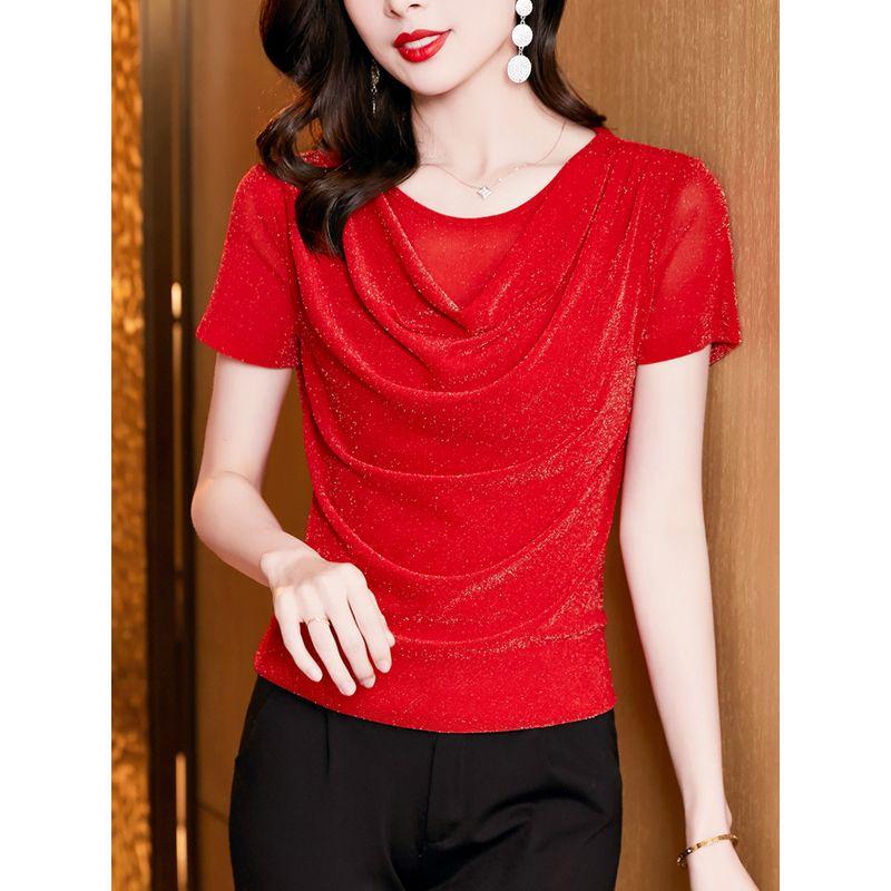 Size Women's Clothing Chubby Girl Summer New Arrival Pure Color Silm Swing Collar Mesh Slimming Short Sleeve T-shirt Easiest for Match 8 Color Women