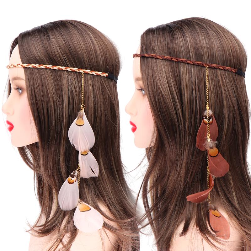 Vintage Peacock Feather Headgear Braided Rope Headband Hairband Women Boho Feather Headdress Indian Headwear Hair Accessories