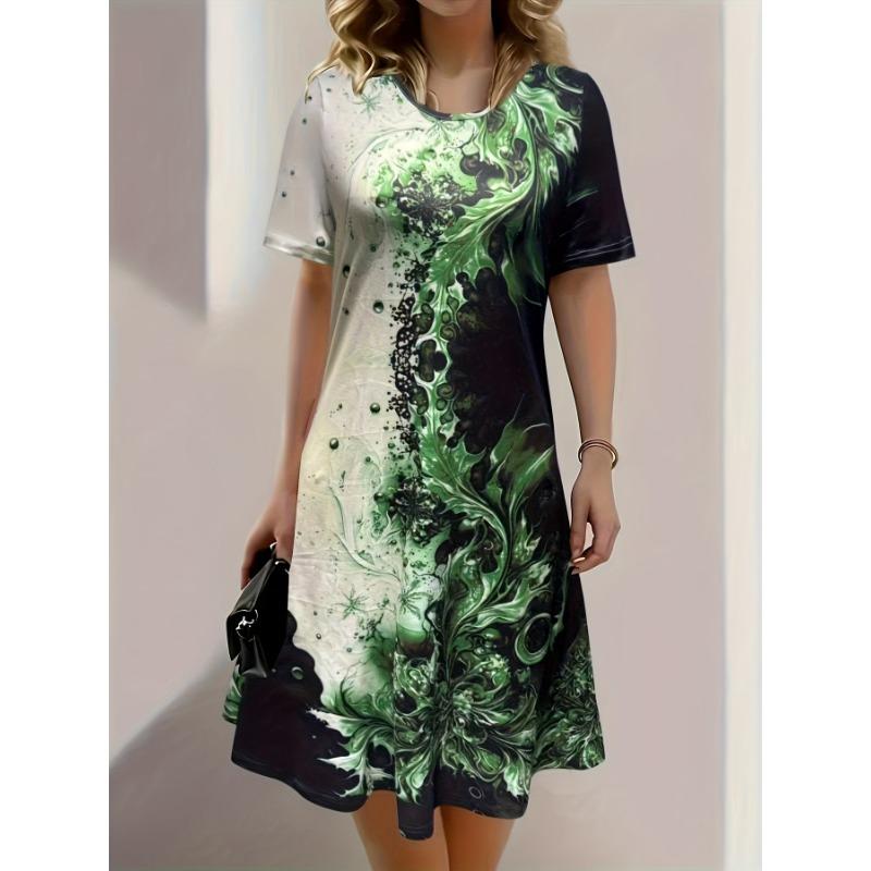 Ladies' Casual Short Sleeved Spring/summer Floral Print Round Neck Mid Length Dress, Women's Clothing
