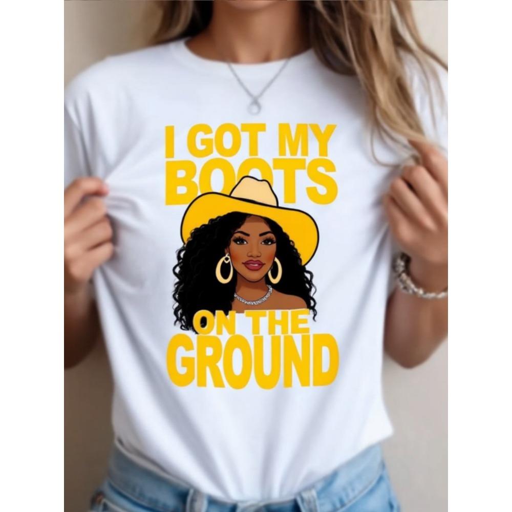 I Got My Boots on The Ground Cartoon Woman Design Ladies Summer White Crew Neck Breathable Short Sleeve Aesthetic Clothes