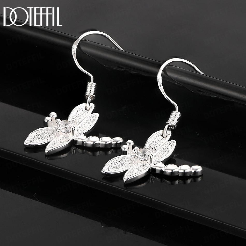 925 Sterling Silver Dragonfly AAA Round Zircon Pendant Earrings Fashion Wedding Jewelry
