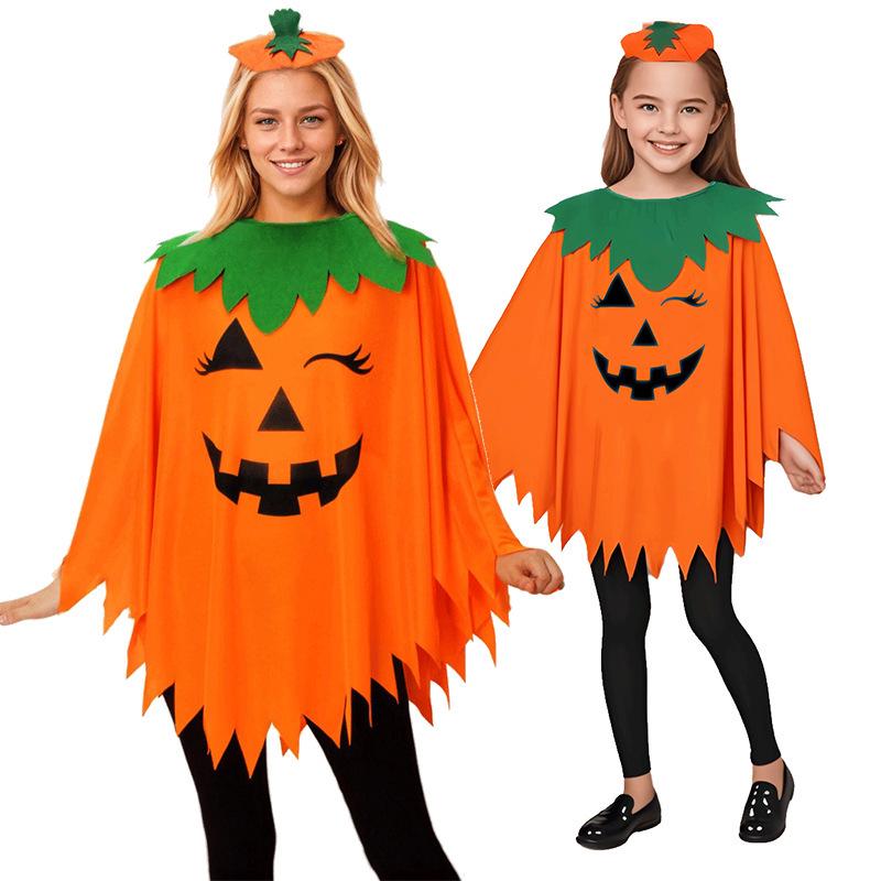 Adult & Kids Glow-in-the-Dark Pumpkin Costume Set (Hat & Cape) for School or Halloween Party