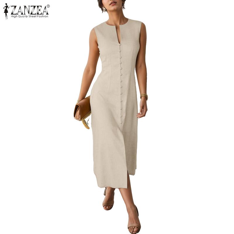 ZANZEA Women Summer Casual Round Neck Sleeveless Plain Dress
