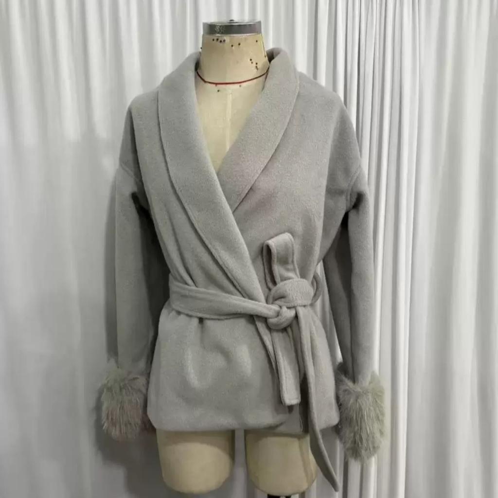 VAYLA Chic Lapel Plush Coat With Belt Women Vintage Solid Faux Fur Sleeve Tweed Open Coats Female Autumn Casual Street Outwear