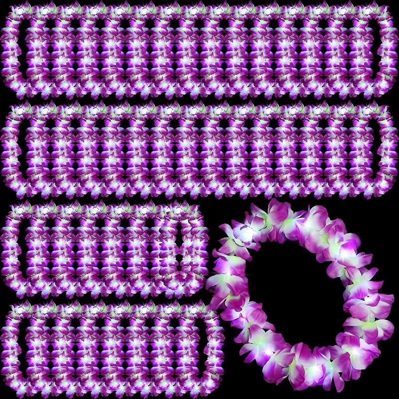 Sherr 48 Pcs LED Hawaiian Leis Light up Flower Leis Necklace with LED Lights Luau Flowers Necklaces for Masquerade Beach Wedding Tropical Themed