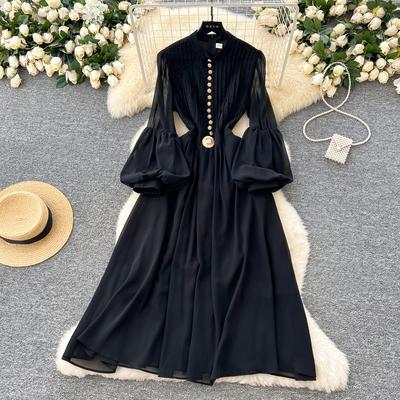Spring Summer Women Luxury Metal Button Black Chiffon Holiday Beach Mid-calf Dresses with Belt