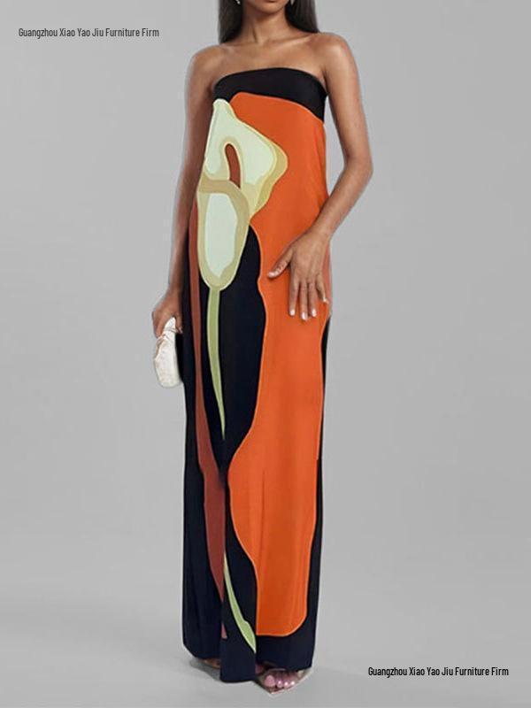 2026 Spring European & American Women's Off-the-Shoulder Sleeveless Backless Printed Dress