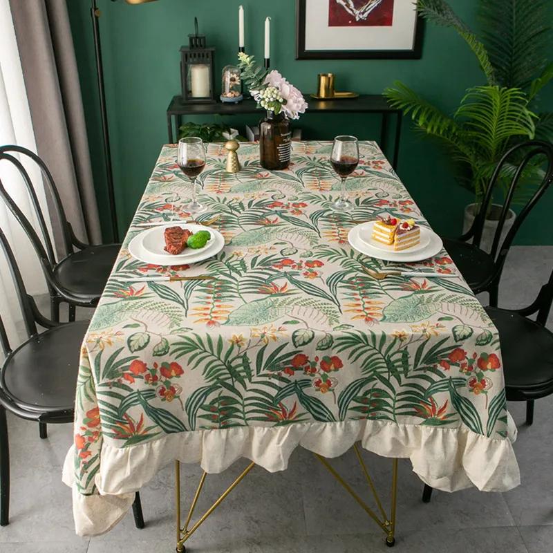 Green Plant Pattern Flounces Tablecloth Rectangular Round Cotton Linen Dustproof Tabletop Cover Restaurant Decorative Tablecloth