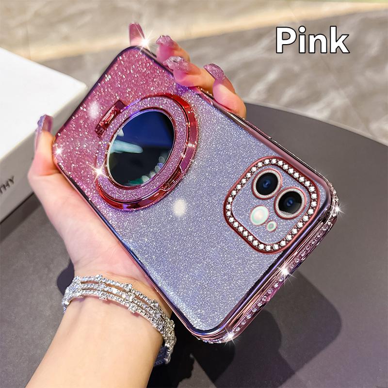 KEYSION Luxury Glitter Jewelled Magnetic Phone Case for iPhone 11 12 Pro Max Makeup Mirror Ring Stand Shockproof Back Cover