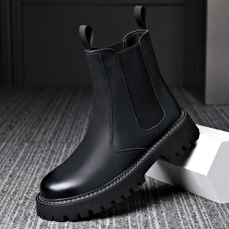 Men's High-Top Genuine Leather Martin Boots - Yellow, Thick Sole, Lightweight, Elastic Slip-On, Warm, Casual Work Boots for Autumn and Winter.
