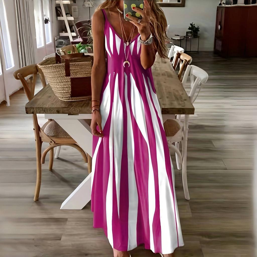 LYRIA Sexy Sleeveless Dress Women Black White Stripe Printed Long Dresses Summer Casual Vacation Party Dress Robe
