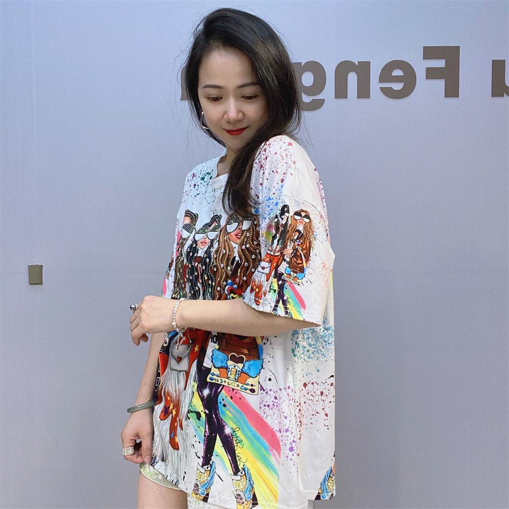 2025 Fashion Printed T Shirts for Women Summer Clothes Casual Colorful Character Diamonds Beading Female Short Sleeve Tops Tee