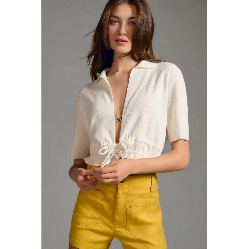 

Anth Knitwear Women s Clothing V Neck Lapel Short Sleeve Pleated Lace-up Waist-Controlled Top Beige S