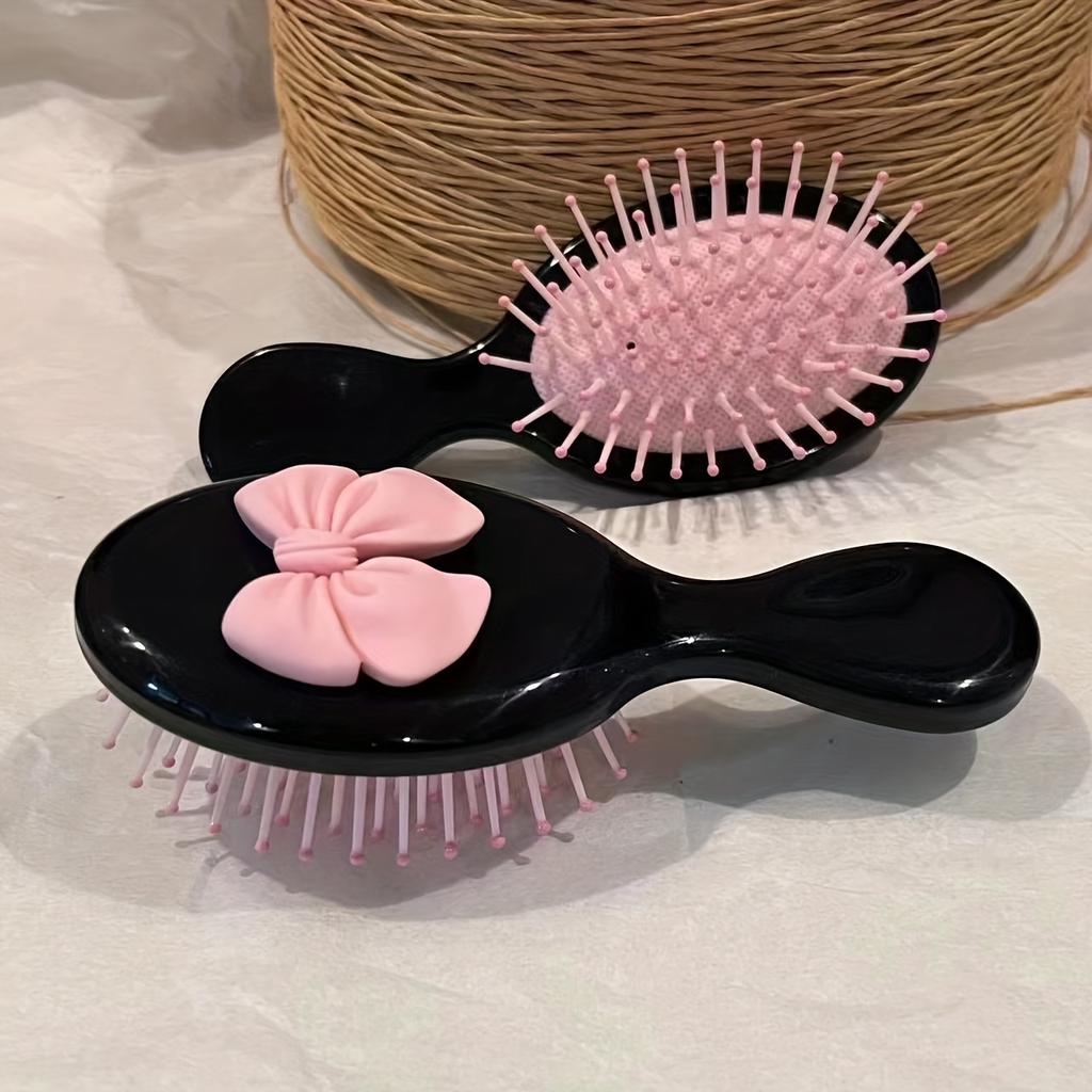Cute Bow Mini Hairbrush - Portable Folding Pad Comb with Air Bag, Massage Hairbrush with Pink Bow Design, Hair Styling Tool