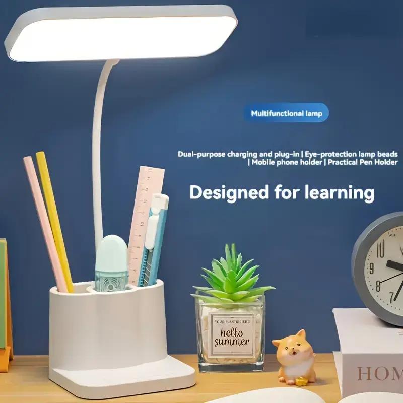 Lampe de bureau LED réglable avec commande tactile, protection des yeux, 3 modes de température de couleur, porte-stylo, rechargeable par USB, pour la lecture