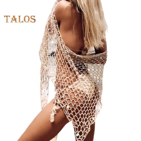 

Летняя пляжная шаль, украшенная пайетками и ракушками, ажурная сетчатая шаль для бикини, пуловер, накидка, пляжная одежда, пляжная накидка хаки