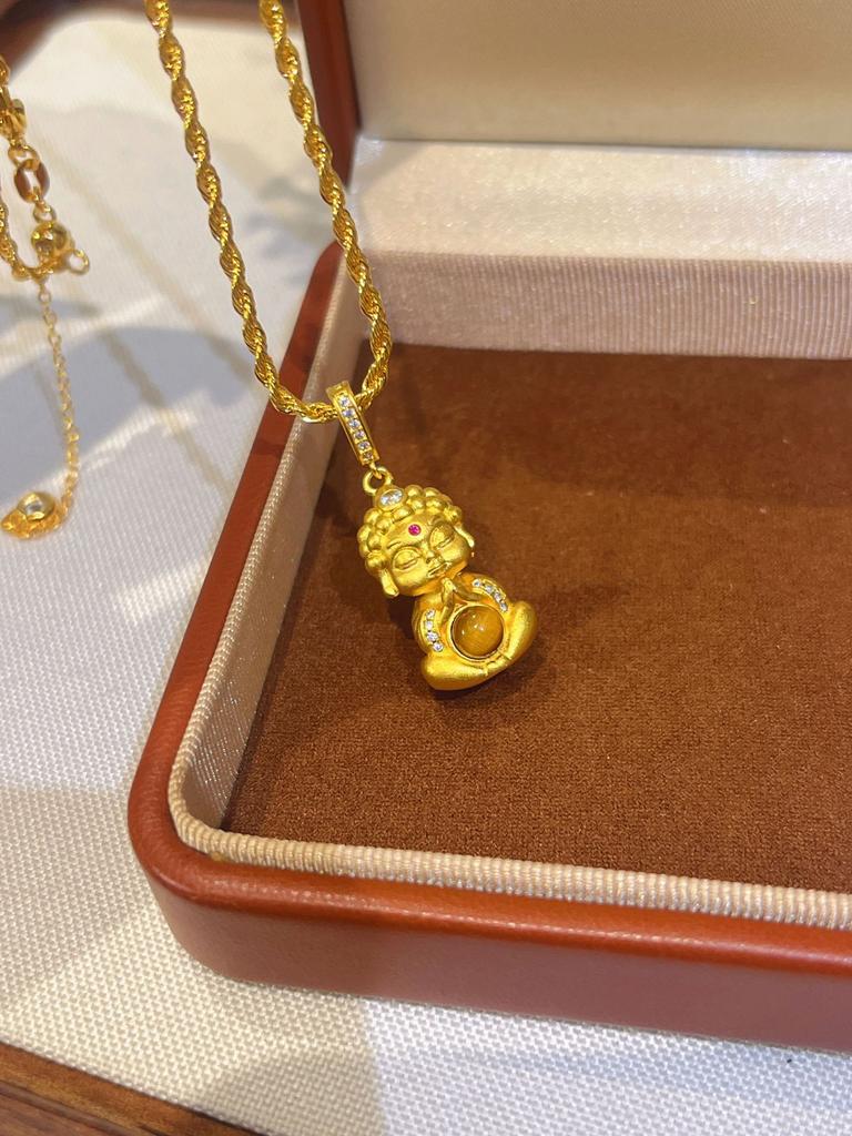 Ancient Frosted Tiger Eye Baby Buddha Necklace Braided Lotus Small Gold Buddha Pendant Necklace