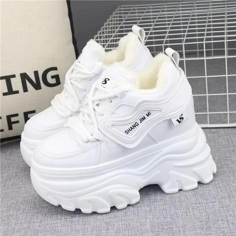 Fashion Retro Genuine Leather Ladies Designer Sneakers Outdoor Casual Thick Bottom Women Vulcanized Shoes 12CM Winter Popular