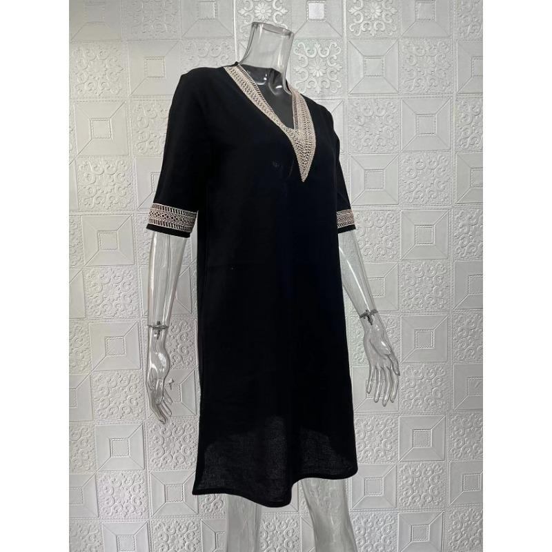 Spring and Summer Solid Color V-neck Cotton and Linen Dress