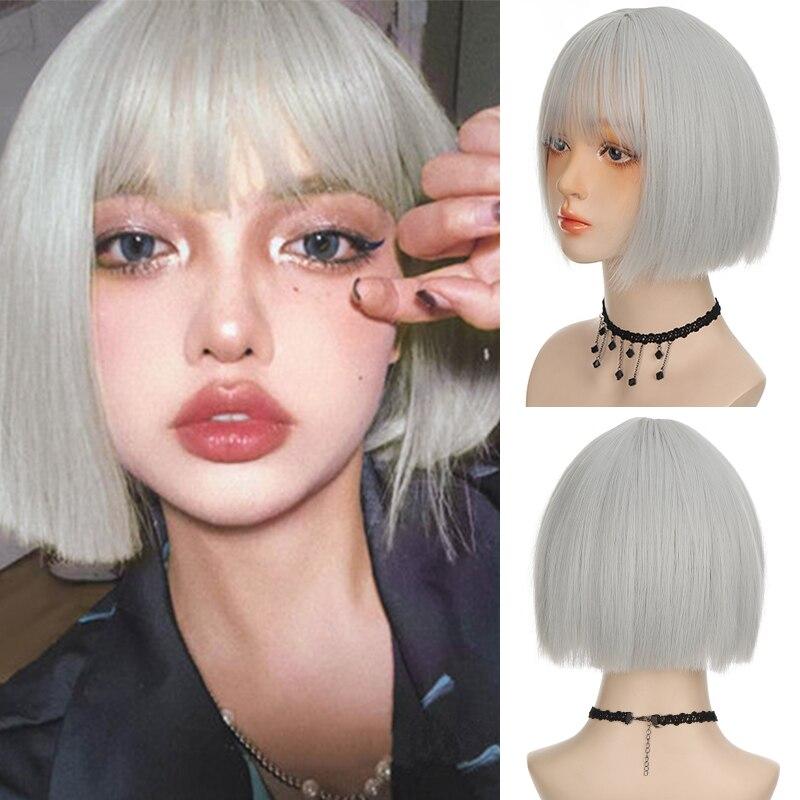 

LUPU Лолита, черные, розовые парики, синтетические волосы, короткие прямые парики боб с челкой, женские зеленые парики для косплея для чернокожих женщин 35CM