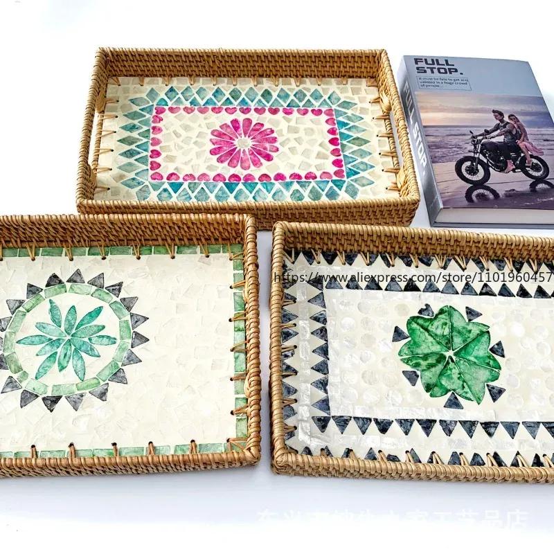 Rechteckiger Naturmuschel Rattan Korb Kreatives Rattan Aufbewahrungstablett Bunter Muschel Aufbewahrungskorb Obstschale Heim Organizer