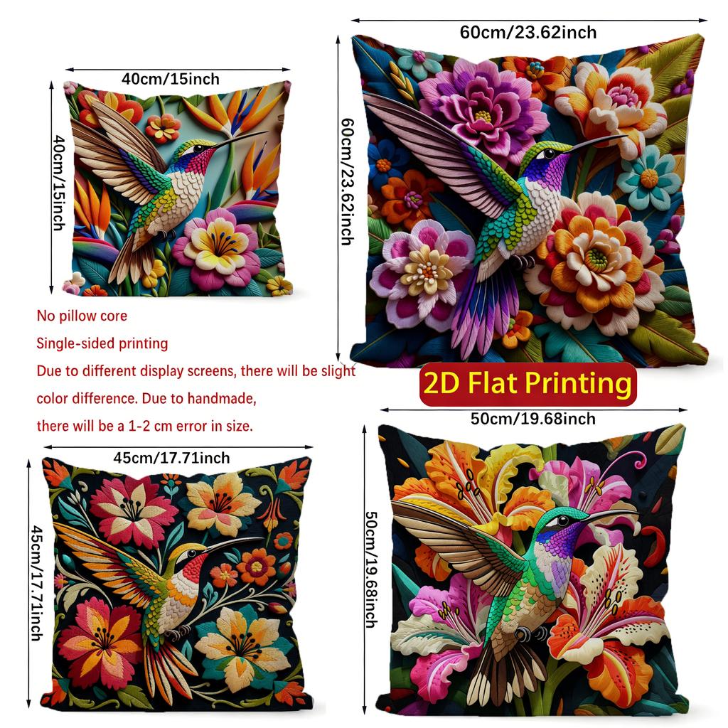 2D Bohemian Hummingbird Floral Throw Pillow Covers Pattern Cushion Cover Suitable For Sofa Bedroom Car Pillow Cover