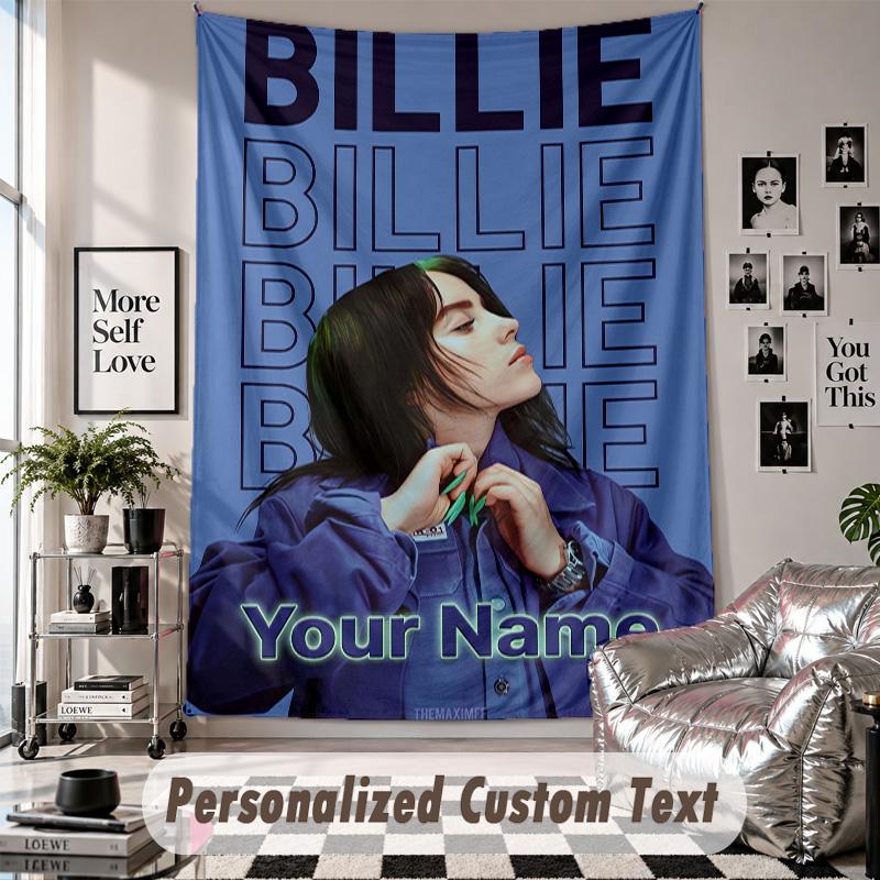 Wall Hanging Tapestry With Custom Name & Text, Billie Eilish Decorative Tapestry For Bedroom
