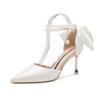 2024 Spring New Women's Pumps White Pearls Ankle Strap Wedding Party High-heeled Summer Pointed Silk Back Bowtie Stiletto Shoes