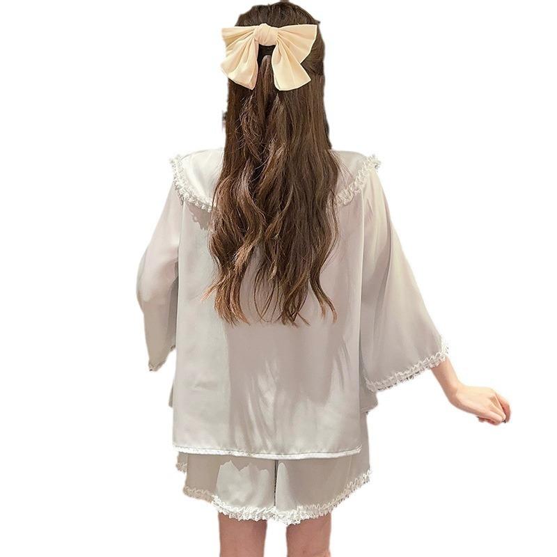 Pajamas women's spring and summer thin summer new ice silk sweet doll collar medium sleeve shorts loungewear set