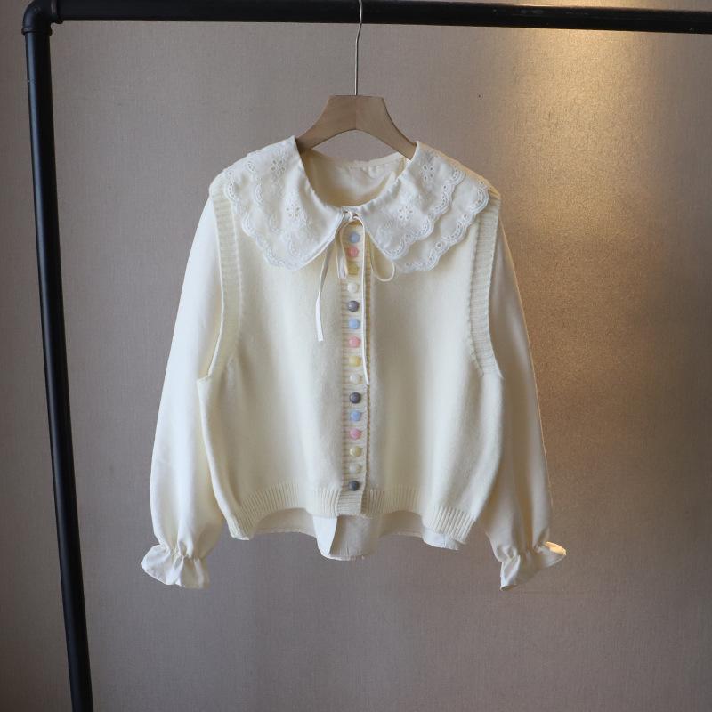Spring 2025 Korean Style Women's Peter Pan Collar Blouse + Knit Vest Set