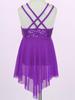Kids Girls Modern Lyrical Dance Costumes Sleeveless Sequins Criss-Cross Back Ballet Irregular Leotard Dress