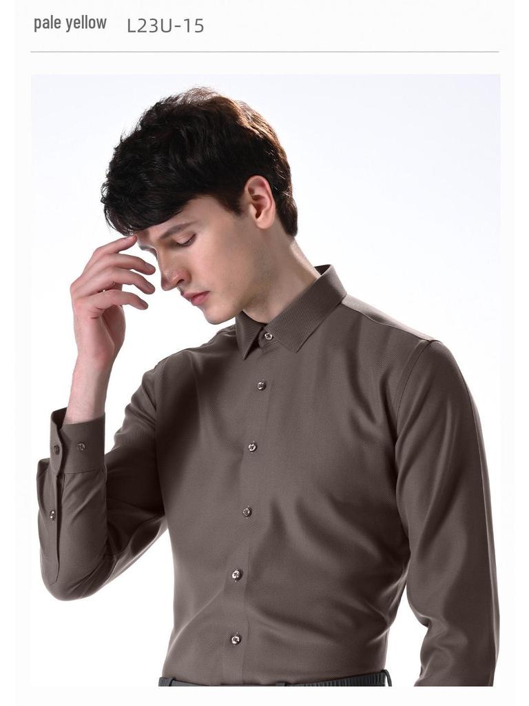 Men's Slim Fit Long Sleeve Modal Tencel Wool Shirt - Iron-Free, Machine Washable, Solid Color, Business Attire.